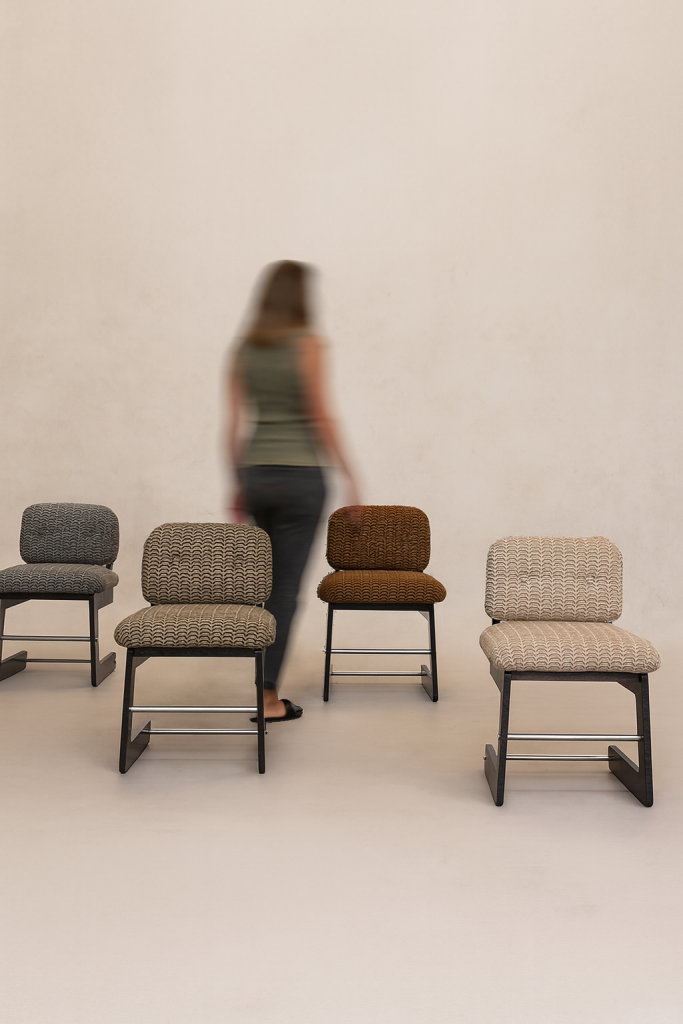 Mirelle chair photographed in studio on neutral background — refined proportions, solid wood structure, and tactile upholstery by Monography