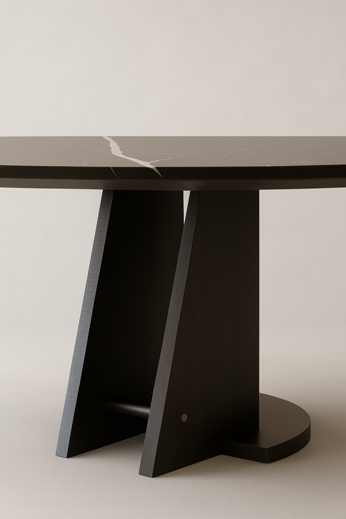 Detail of metallic finishes on Jolie table base in onyge black veneer by Monography
